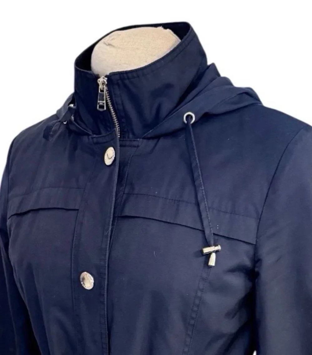 London Fog Hooded Belted Zip Front Raincoat Navy Blue Sz. Small Classic